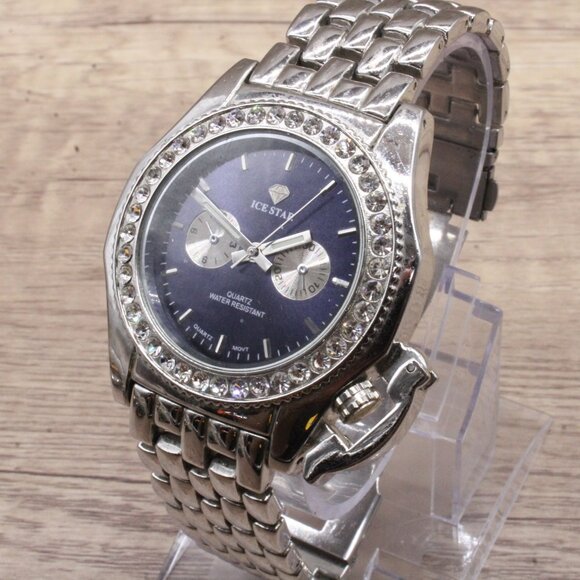 ICE STAR Chronograph Watch Mens Silver Tone Stainless Steel Rhinestones Dial - Picture 1 of 9